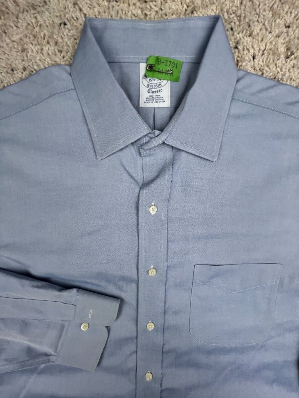 Brooks Brothers Dress Shirt Size Mens 15.5-34 Solid Blue Non Iron Cotton Classic